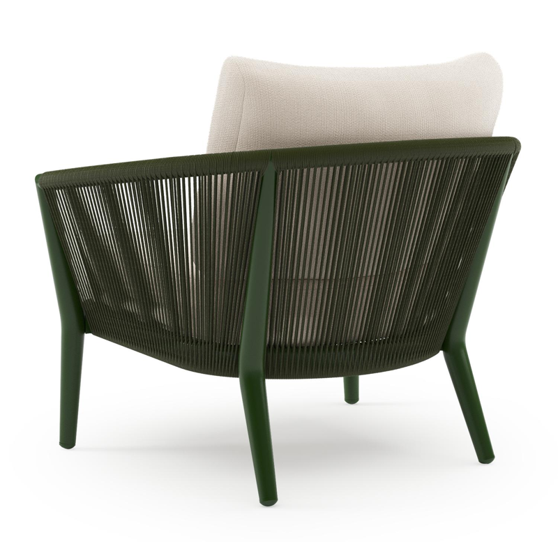 Orso loungestoel in groen aluminium en groen verticaal geweven ronde rope met Lopi Snow all weather sunbrella® luxe kussen