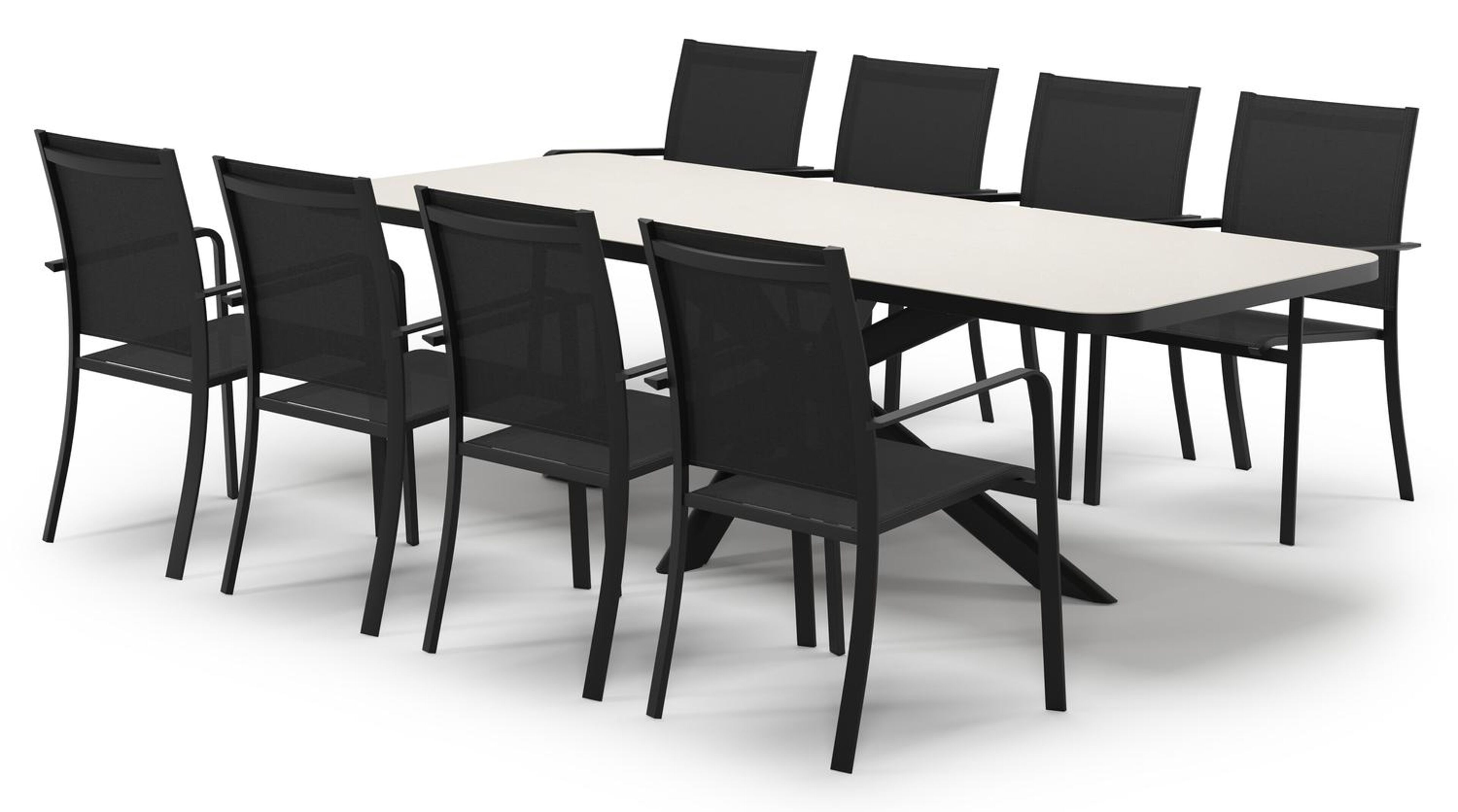 Estella verlengbare tuinset rechthoekig in zwart aluminium en sintered stone Crema minerale met 8 Calobra tuinstoelen