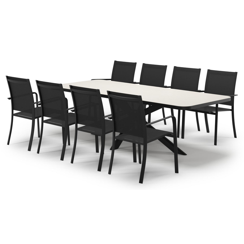 Estella verlengbare tuinset rechthoekig in zwart aluminium en sintered stone Crema minerale met 8 Calobra tuinstoelen