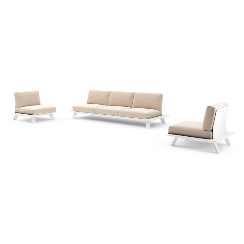 Salon de jardin Cesano en aluminium blanc et coussin en all weather Sunbrella® luxe natte linen chalk