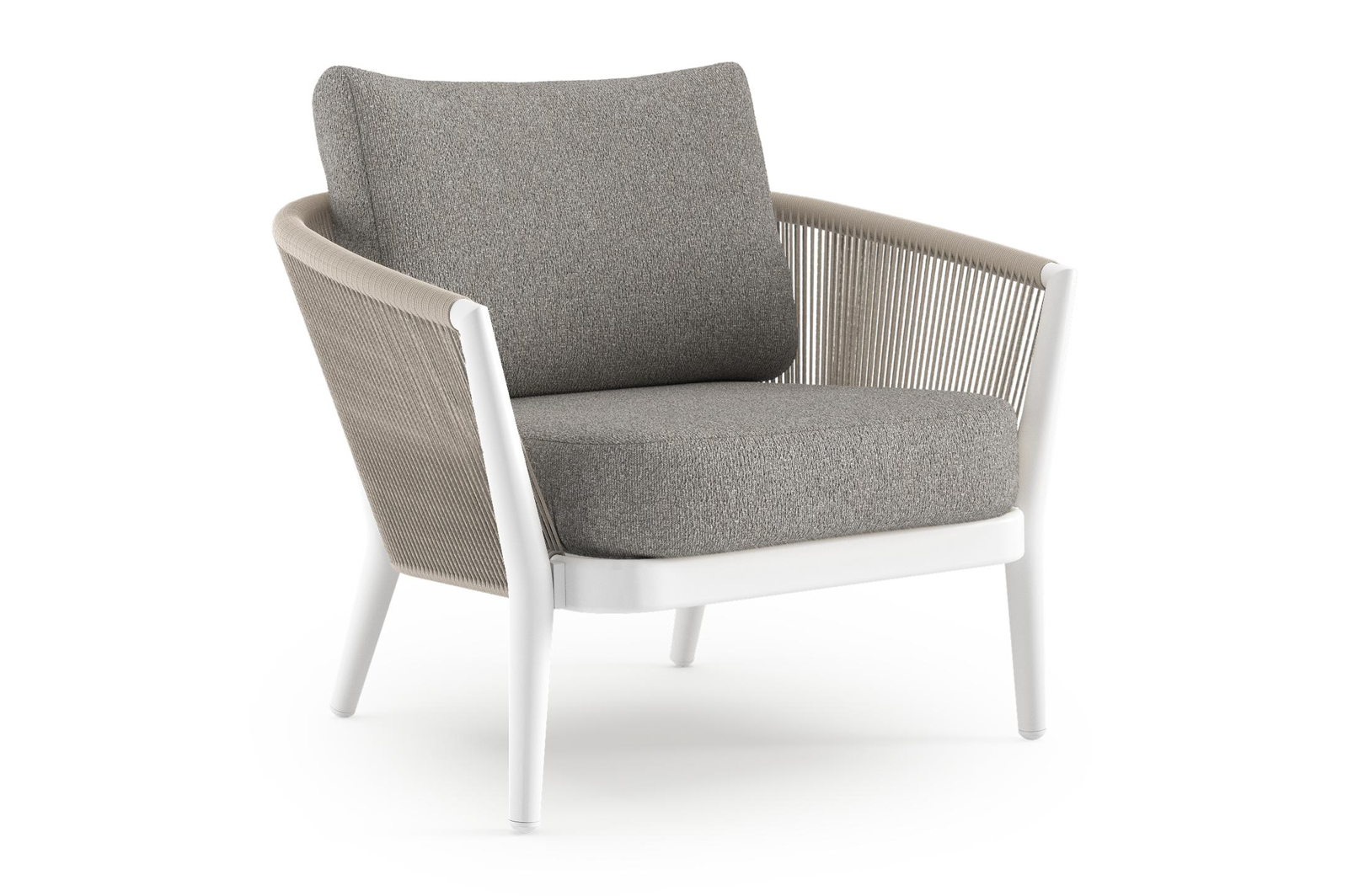 Fauteuil de jardin Orso en aluminium blanc en corde ronde tissée verticalement beige et coussins en all weather sunbrella® luxe Tundra Charcoal