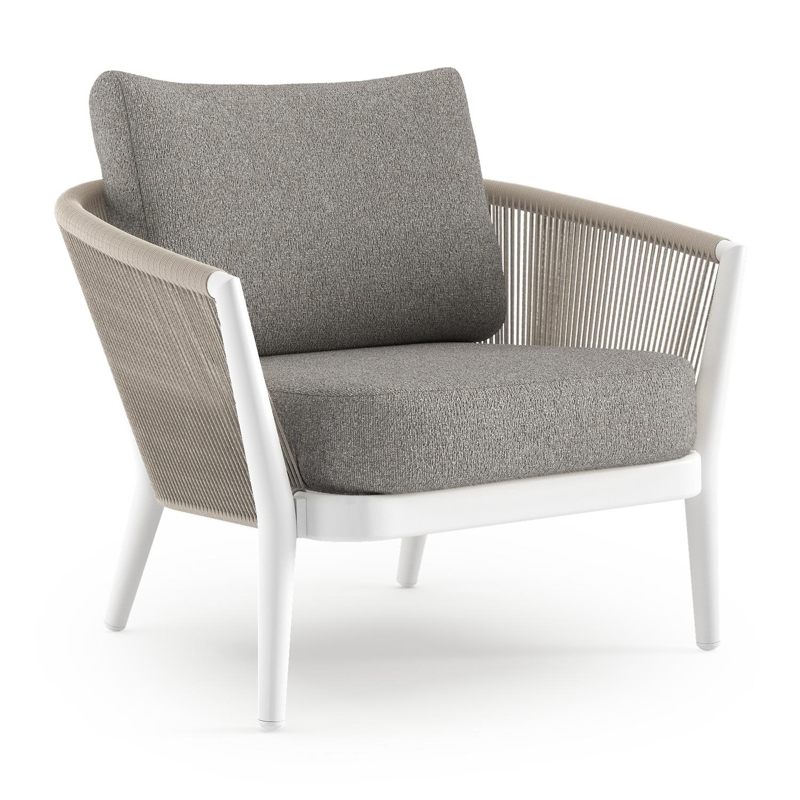 Fauteuil de jardin Orso en aluminium blanc en corde ronde tissée verticalement beige et coussins en all weather sunbrella® luxe Tundra Charcoal