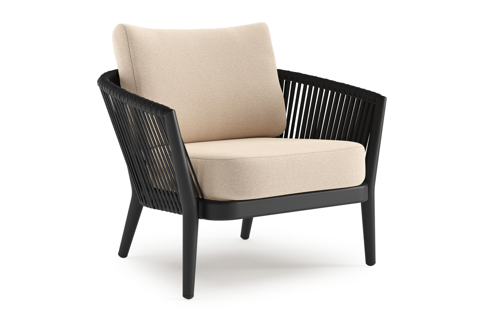 Orso loungestoel in zwart aluminium en zwart verticaal geweven ronde rope met Heritage Papyrus all weather sunbrella® luxe kussen