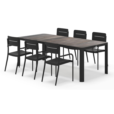 Ellara tuinset rechthoekig in zwart aluminium en keramische tegels grijs met 6 Salto tuinstoelen