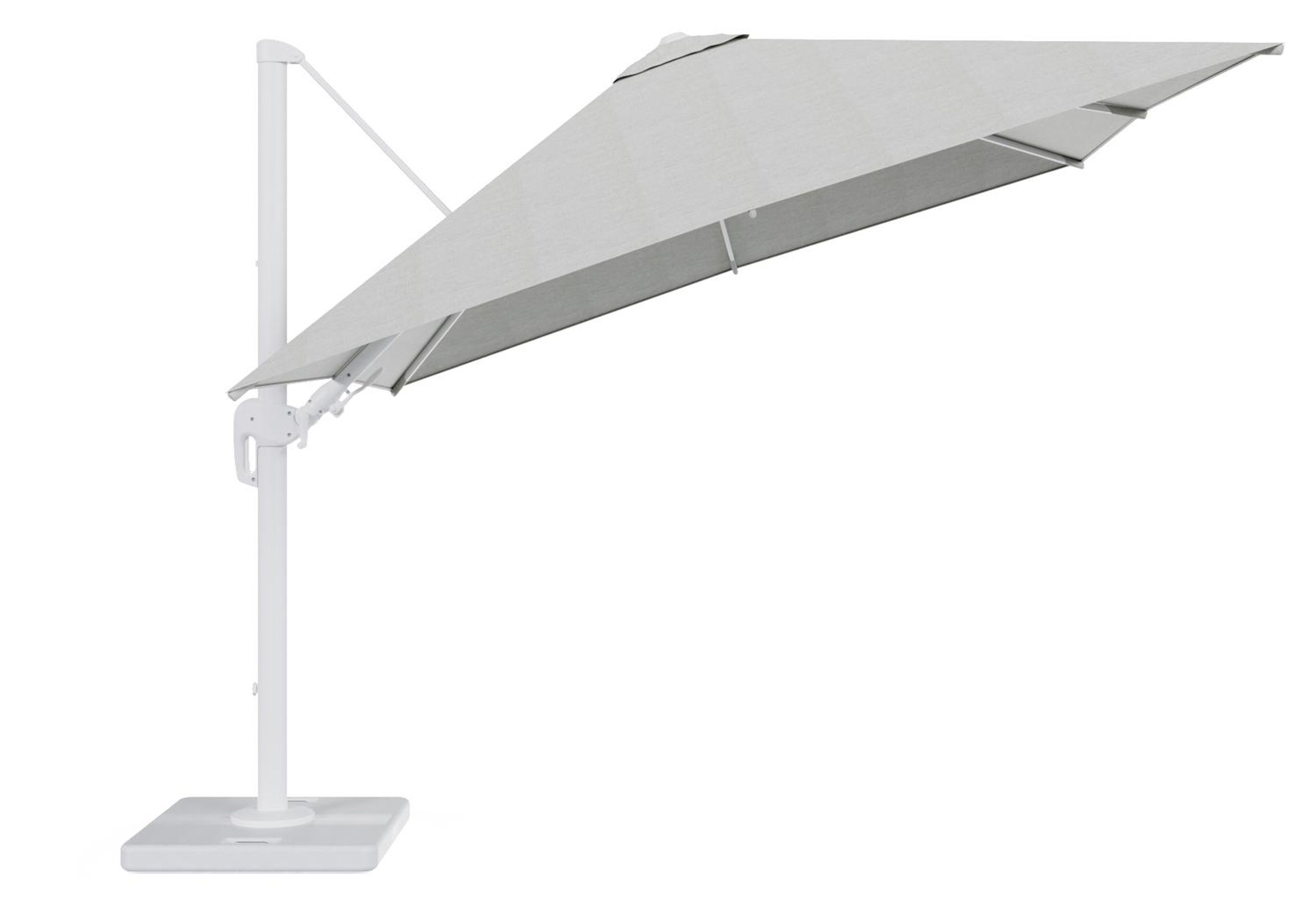 Parasol pendant Rufina avec fonction tilt en aluminium blanc avec toile de parasol en all weather sunbrella® premium gris - Lg.1 300 x Lg.2 300 cm avec pied de parasol Lapido 120 kg