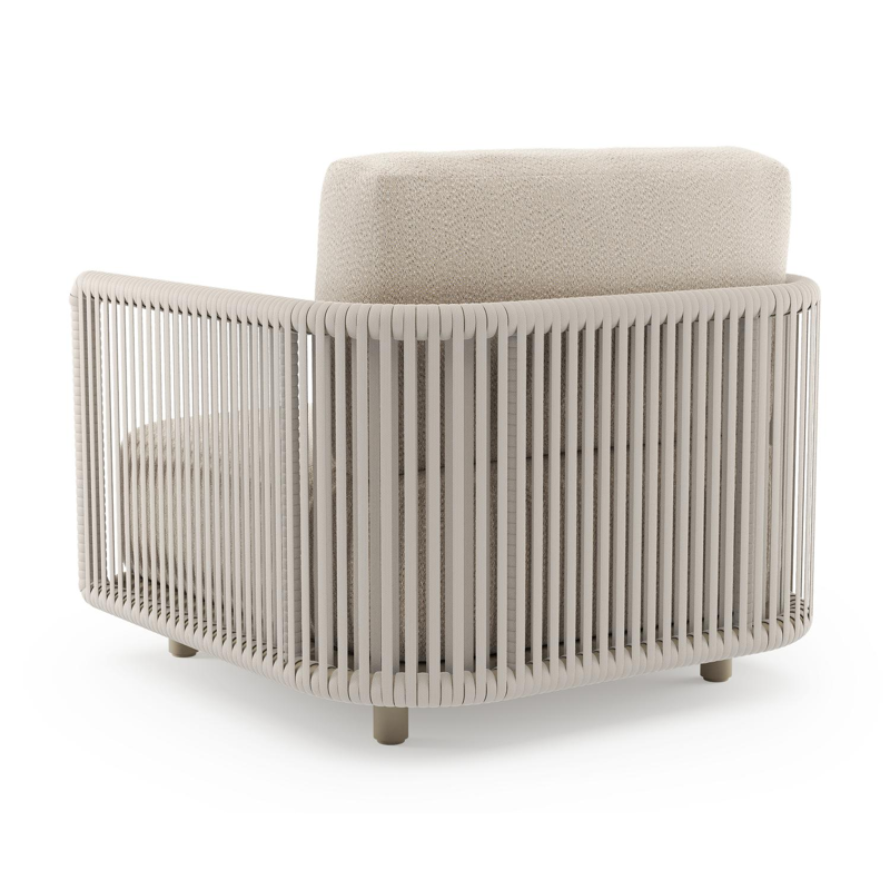 Fauteuil de jardin Organo en aluminium beige et corde luxe plate tissée verticalement beige et coussin en all weather Sunbrella® luxe lopi sand