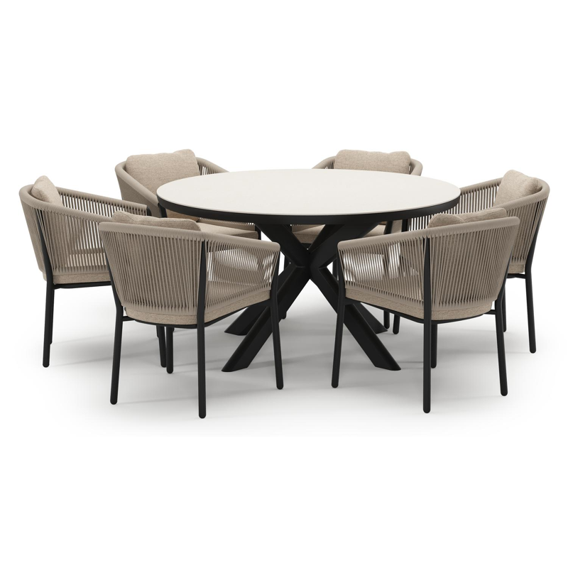 Pamplona tuinset in zwart aluminium en crema minerale sintered stone met 6 Gerona tuinstoelen