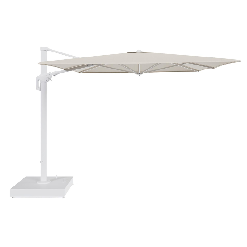 Minore zweefparasol met tiltfunctie in wit aluminium en beige All Weather Sunbrella® Premium parasoldoek - L1 400 x L2 300 cm met parasolvoet Minore 260 kg met wielen