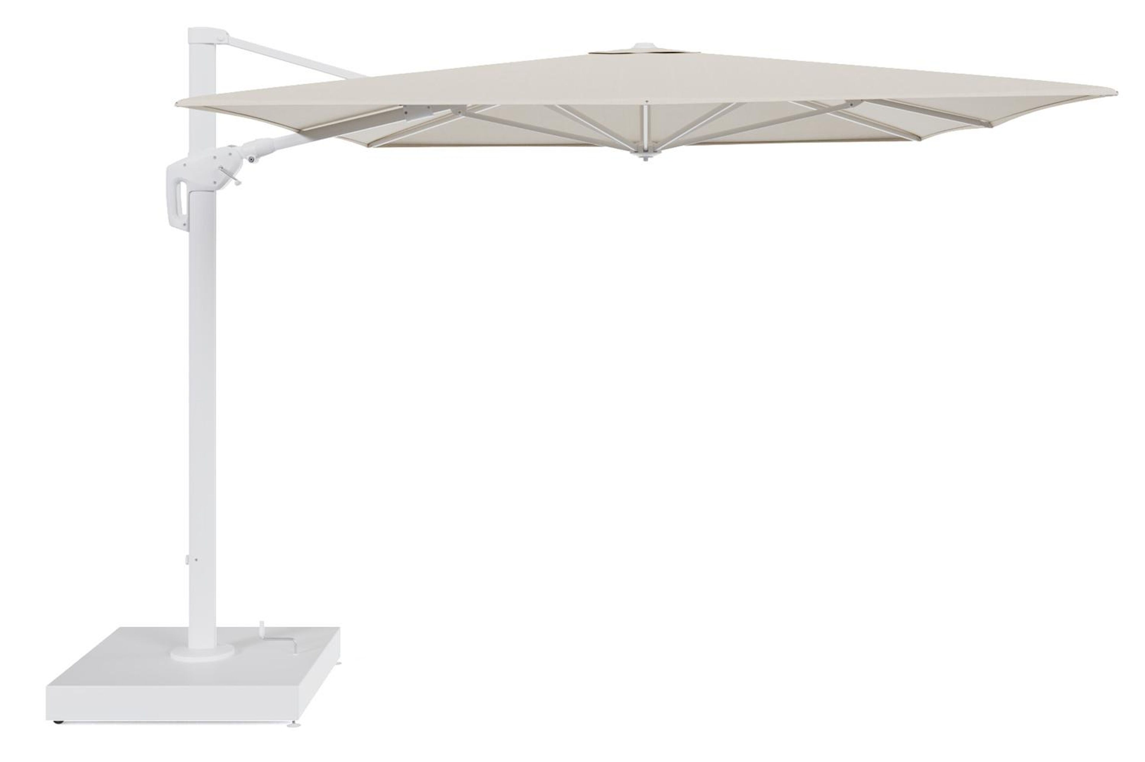 Minore zweefparasol met tiltfunctie in wit aluminium en beige All Weather Sunbrella® Premium parasoldoek - L1 400 x L2 300 cm met parasolvoet Minore 260 kg met wielen