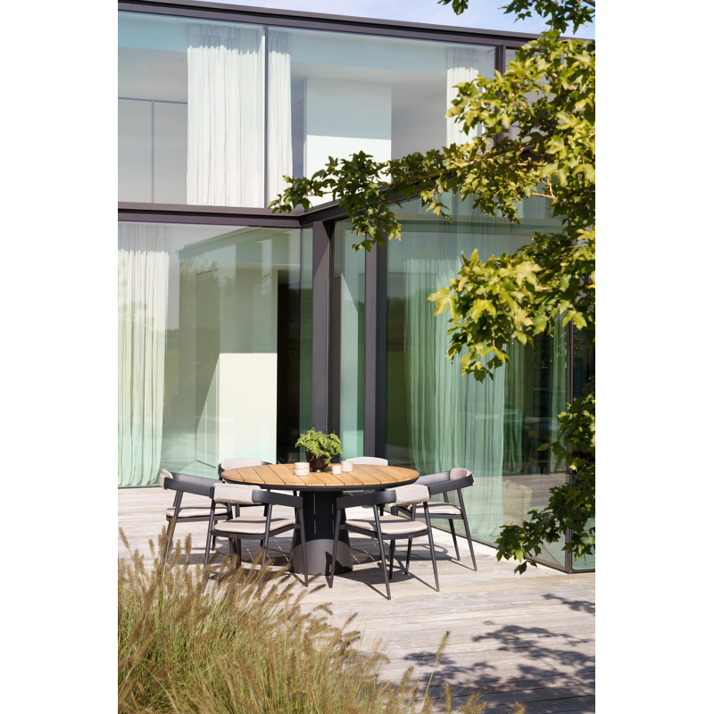 Donato tuintafel in zwart aluminium en teak - Dia. 148 x H 77 cm