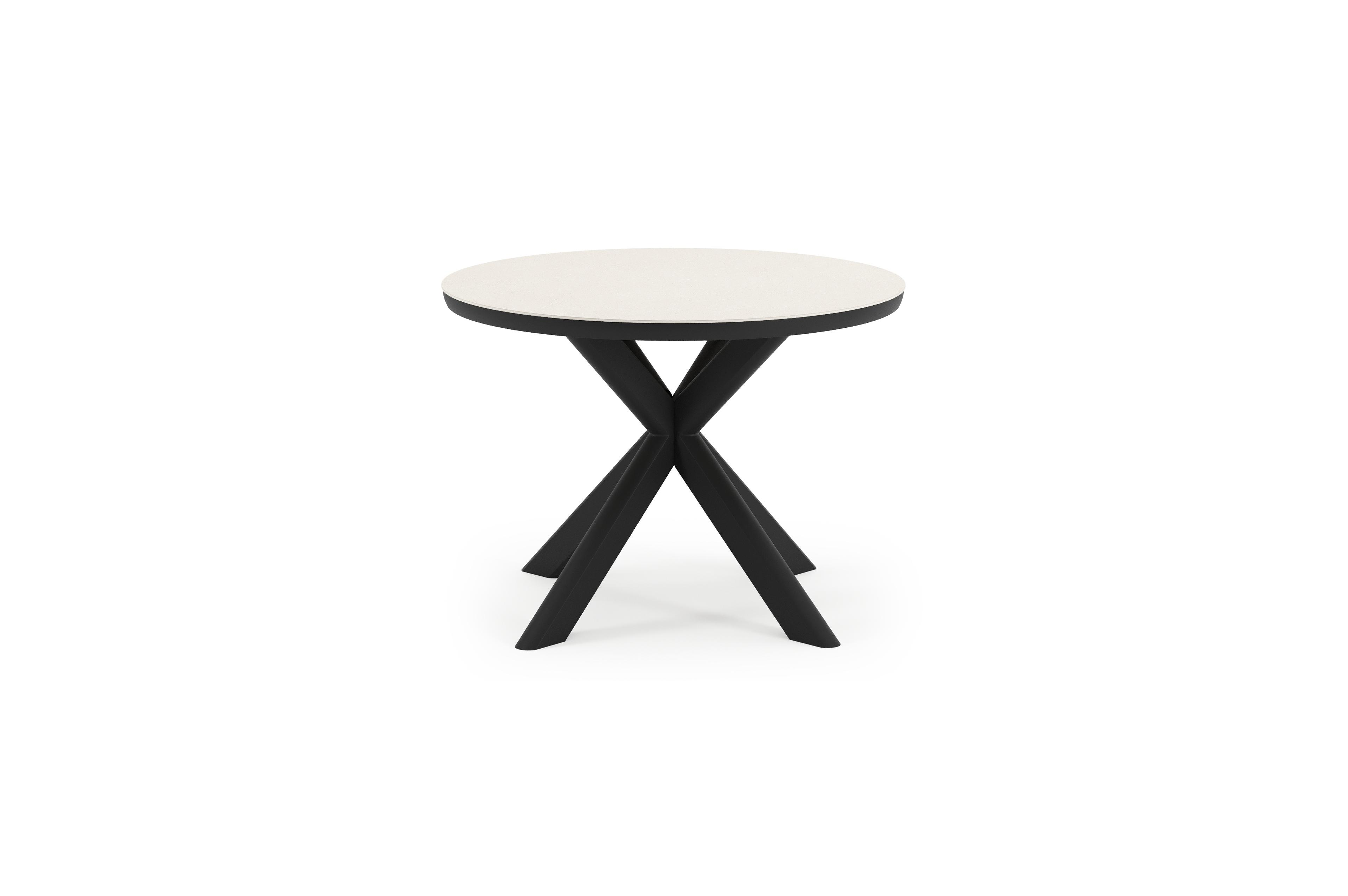 Pamplona ronde tuinset in zwart aluminium en sintered stone crema minerale met 4 Matera tuinstoelen