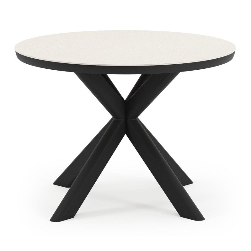 Pamplona ronde tuinset in zwart aluminium en sintered stone crema minerale met 4 Matera tuinstoelen