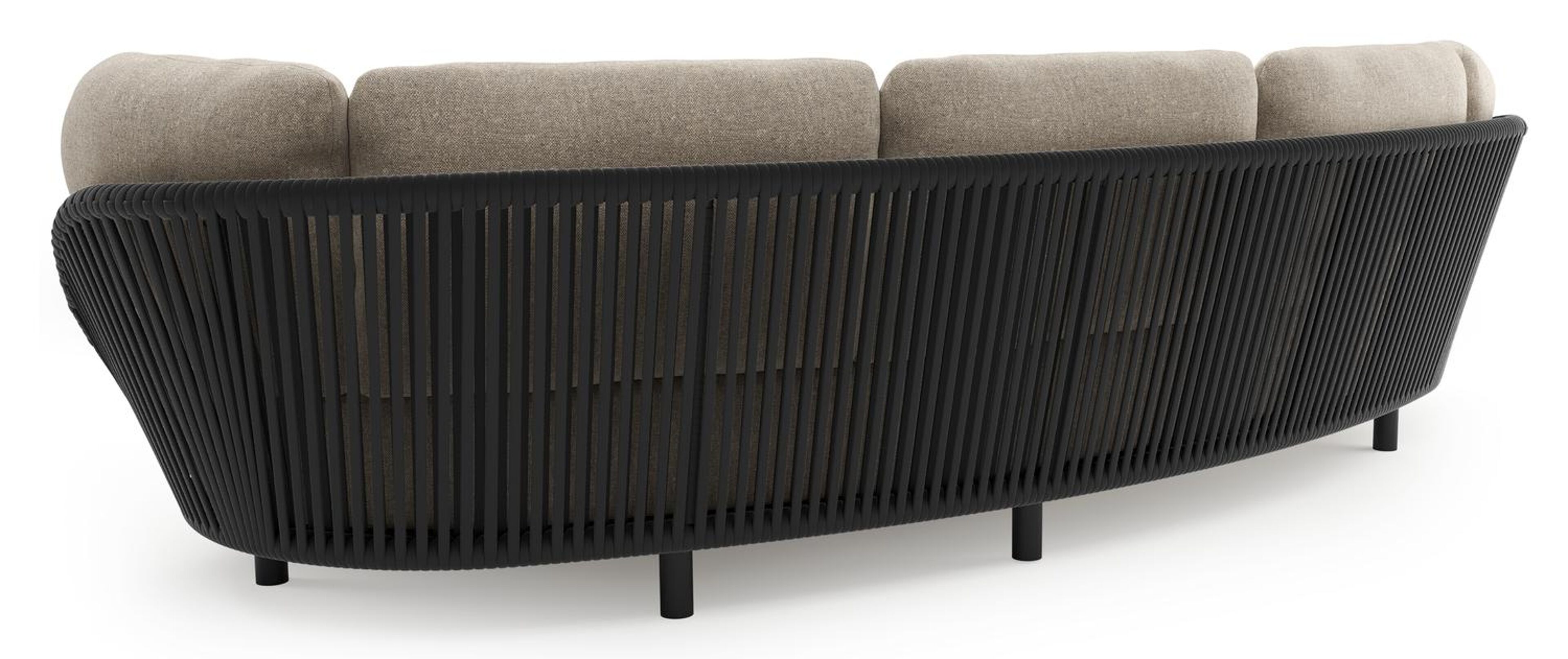 Lupino loungebank in zwart aluminium en zwart verticaal geweven luxe vlakke brede rope met chartres pewter all weather sunbrella® luxe kussen