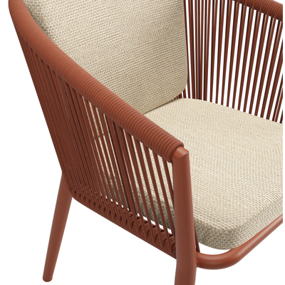 Orso tuinstoel in roestbruin aluminium en roestbruin verticaal geweven ronde rope met zitkussen in All Weather Cosytica Althea Camel