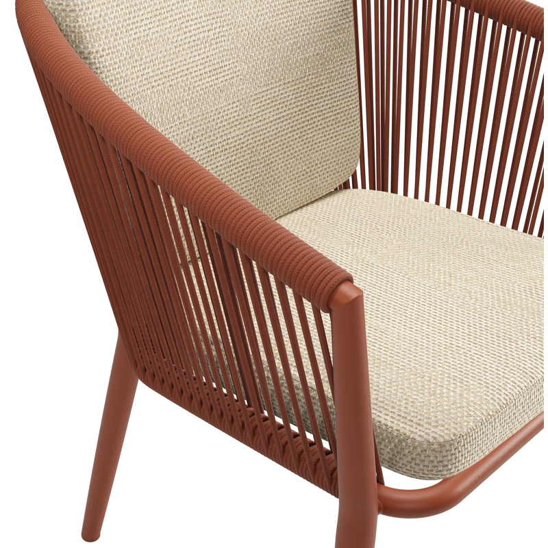 Orso tuinstoel in roestbruin aluminium en roestbruin verticaal geweven ronde rope met zitkussen in All Weather Cosytica Althea Camel