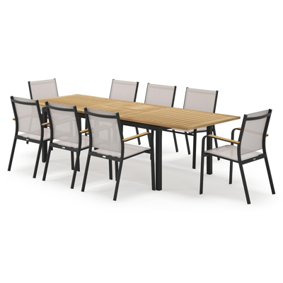 Amalfi rechthoekige uitschuifbare tuinset in zwart aluminium en teak naturel met 8 Amalfi tuinstoelen