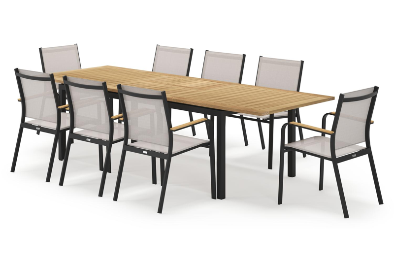 Amalfi rechthoekige uitschuifbare tuinset in zwart aluminium en teak naturel met 8 Amalfi tuinstoelen