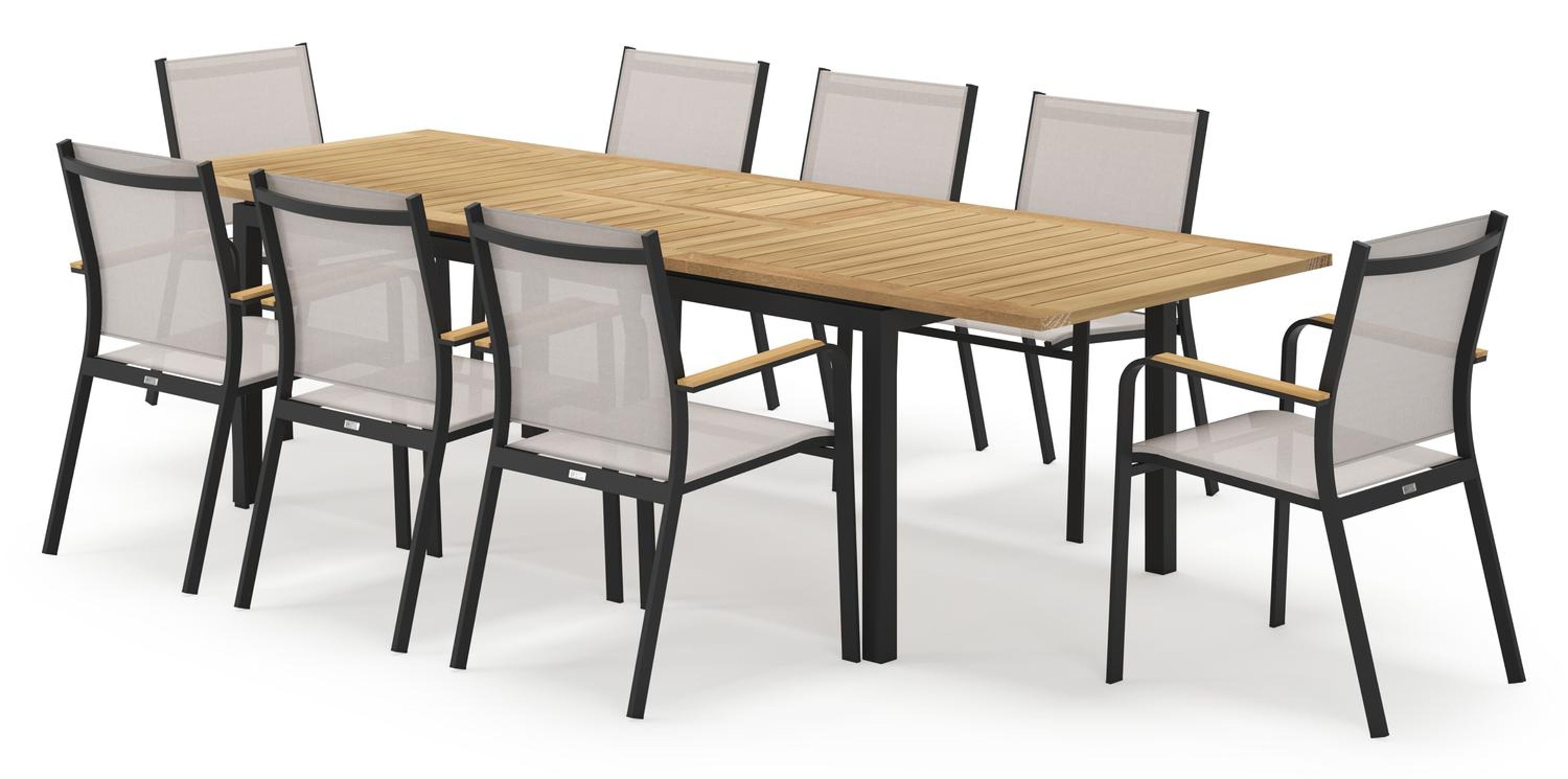 Amalfi rechthoekige uitschuifbare tuinset in zwart aluminium en teak naturel met 8 Amalfi tuinstoelen