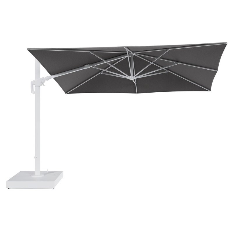 Minore zweefparasol met tiltfunctie in wit aluminium en Chartres Drizzle All Weather Sunbrella® Luxe parasoldoek - L1 280 x L2: 370 cm met parasolvoet Minore 260 kg met wielen