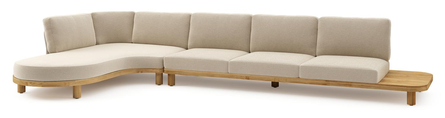 Donato loungehoek in teak en beige verticaal geweven ronde rope met all weather cosytica Althea Chalk kussen