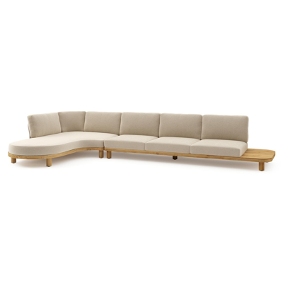 Donato loungehoek in teak en beige verticaal geweven ronde rope met all weather cosytica Althea Chalk kussen