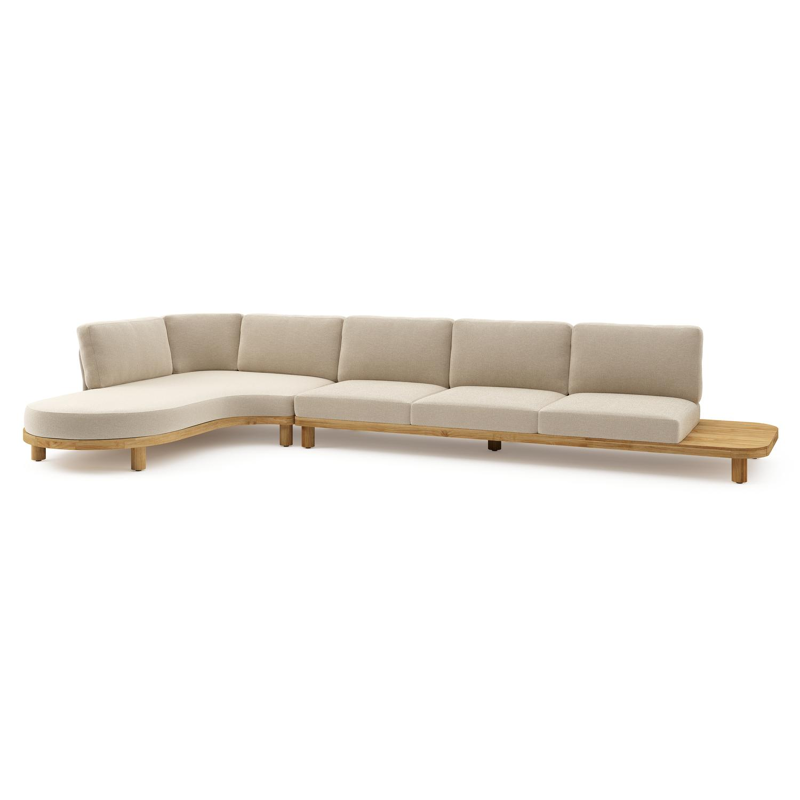 Donato loungehoek in teak en beige verticaal geweven ronde rope met all weather cosytica Althea Chalk kussen