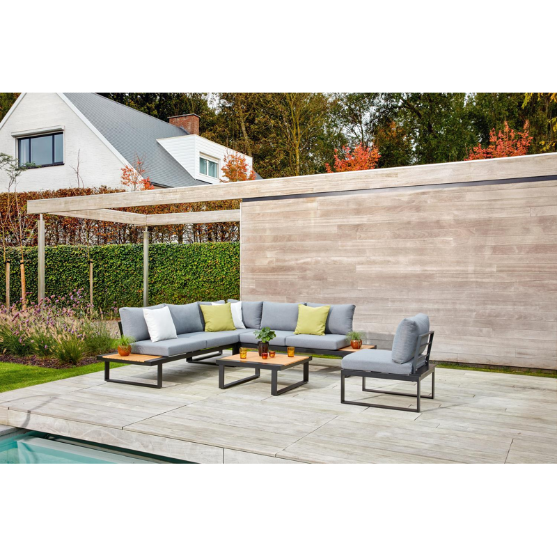 Serado loungehoek in zwart aluminium en polywood met grijs polyester kussen en loungetafel