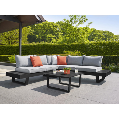 Salon de jardin d'angle Alora en aluminium noir avec coussins en polyester gris et table basse