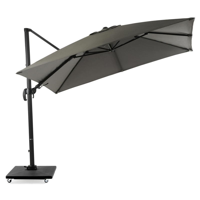 Avola zweefparasol met tiltfunctie in zwart aluminium met grijs sunbrella® premium parasoldoek - L1 300 x L2 300 cm (met voet)
