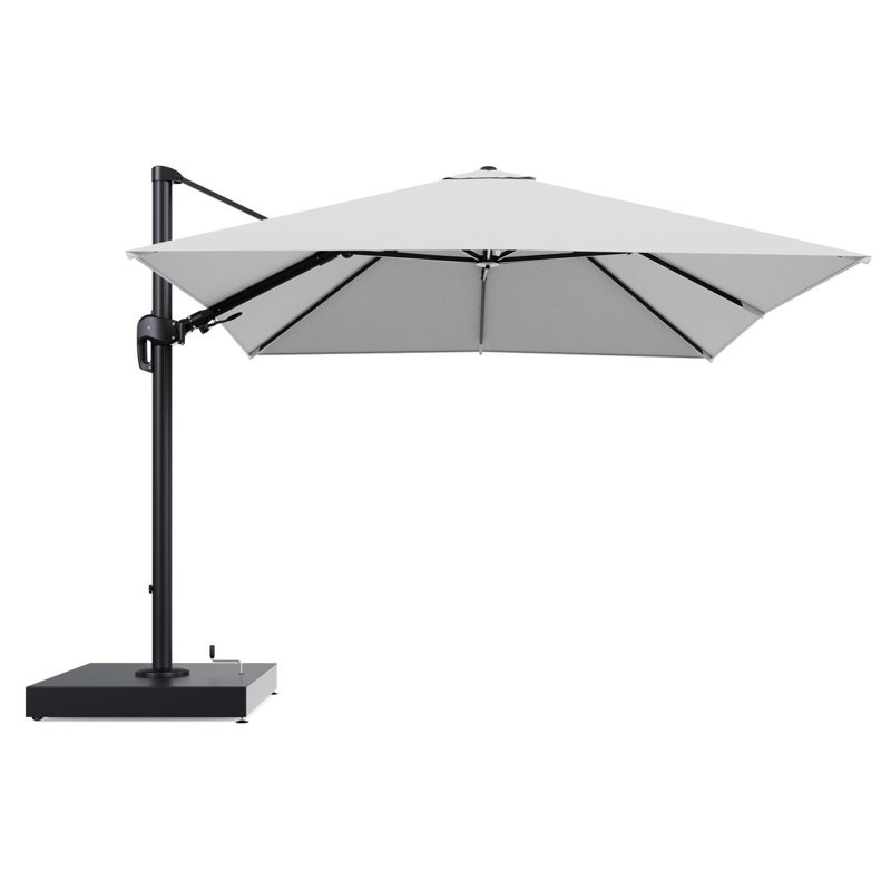 Rufina zweefparasol met tiltfunctie in zwart aluminium en Ego Birch All Weather Solica parasoldoek - L1 300 x L2 300 cm met parasolvoet Minore 260 kg met wielen