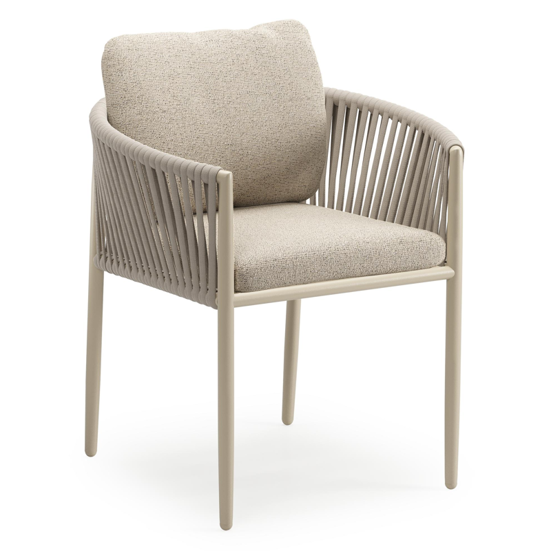 Chaise de jardin Organo en aluminium beige et corde luxe plate beige tissée verticalement avec coussin en All Weather Cosytica Marbella Beige