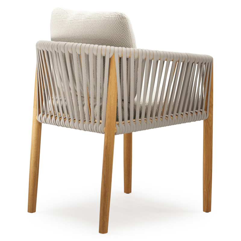 Organo tuinstoel in teak en beige verticaal geweven luxe vlakke rope met zitkussen in All Weather Cosytica Althea Off White