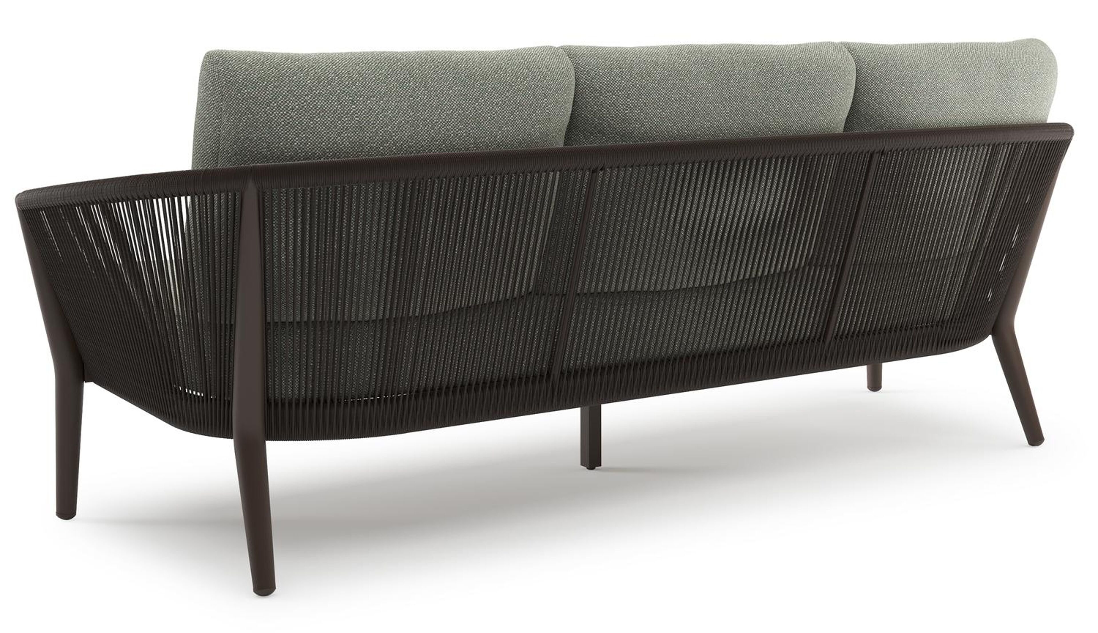Salon de jardin Orso en aluminium brun foncé en corde ronde tissée verticalement brun foncé et coussins en all weather sunbrella® luxe Savane Leaf