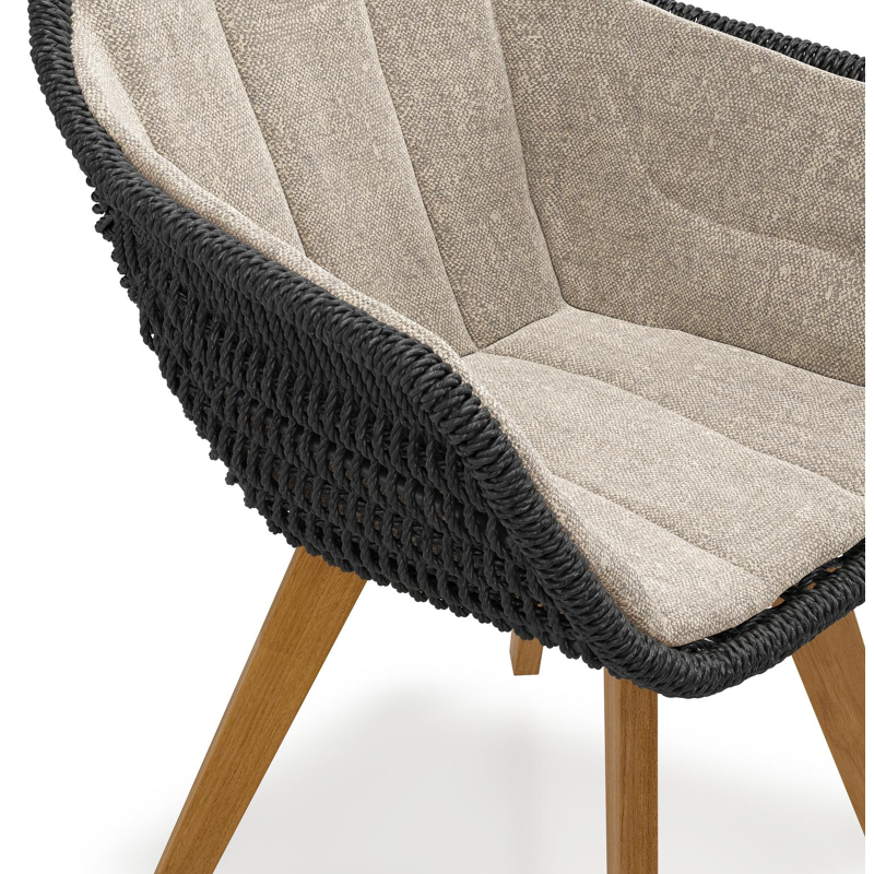 Pagino tuinstoel in teak en zwart ronde wicker met kussen in chartres pewter all weather sunbrella® luxe