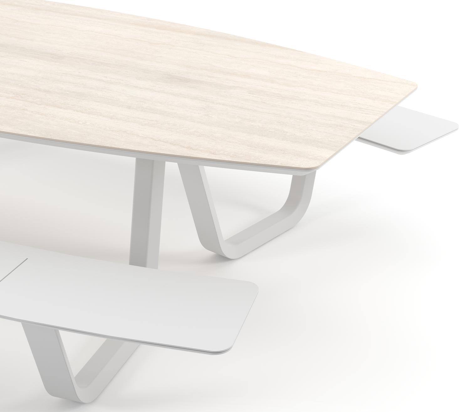 Forno picknicktafel bootvorm in wit aluminium en volkeramiek Travertino Bianco - L 280 x B 192 x H 72 cm