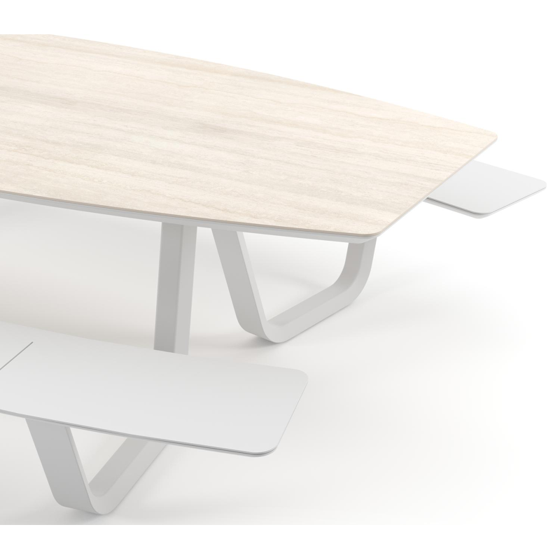 Forno picknicktafel bootvorm in wit aluminium en volkeramiek Travertino Bianco - L 280 x B 192 x H 72 cm