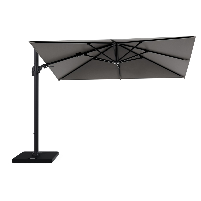 Avola zweefparasol met tiltfunctie in zwart aluminium met grijs weather+ softtouch parasoldoek - L1 200 x L2 300 cm met parasolvoet Pedito 120 kg
