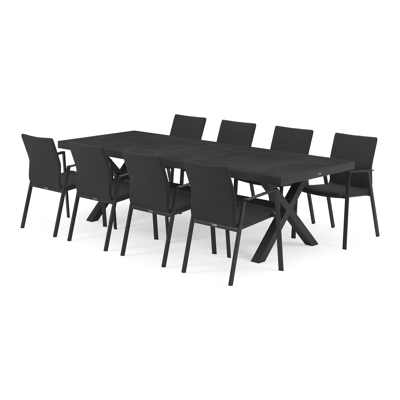 Ensemble de jardin Reza en aluminium noir avec plateau de table en céramique pleine noir et 8 chaises de jardin empilables Madura