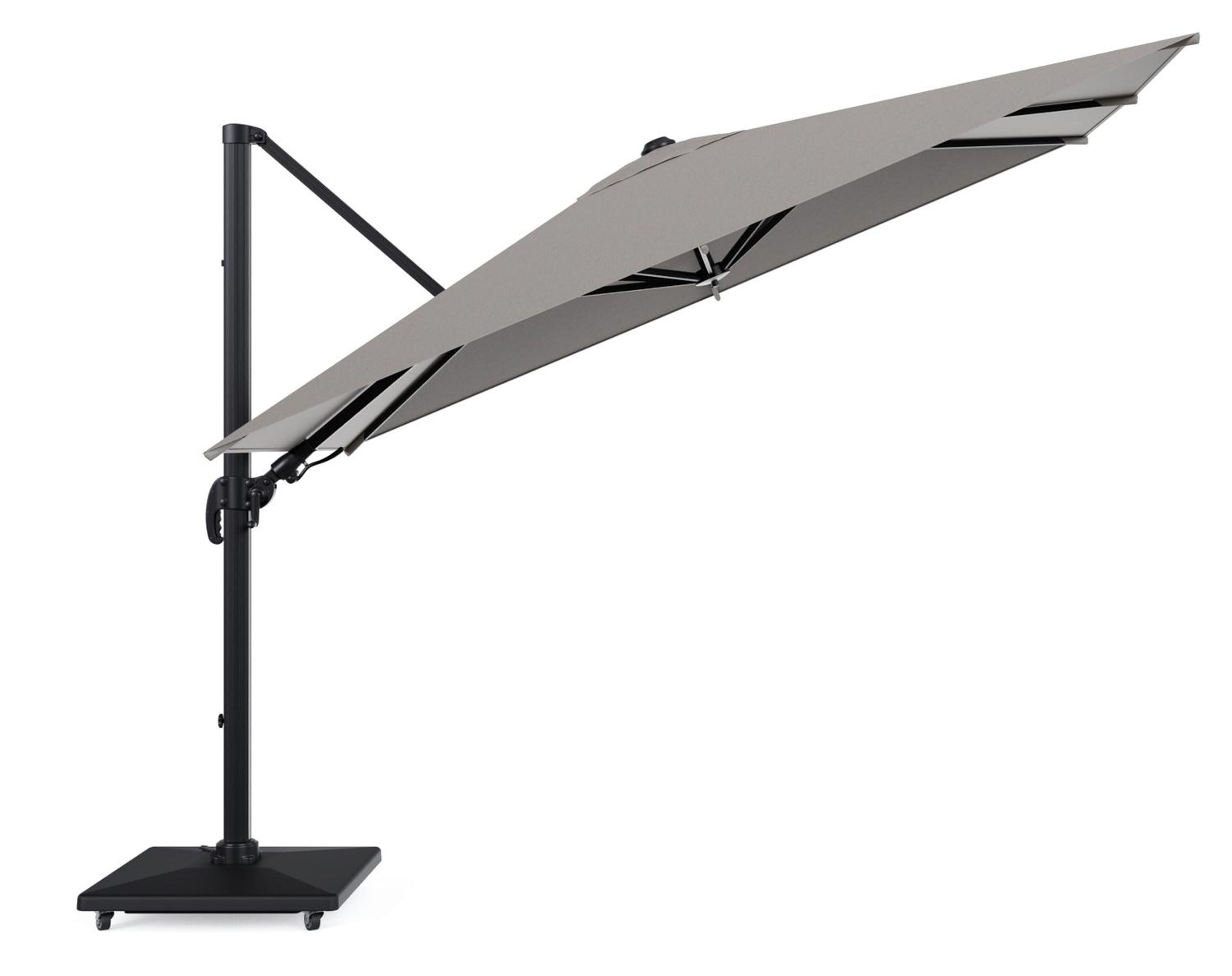 Parasol pendant Avola avec fonction tilt en aluminium noir avec toile de parasol en weather+ softtouch gris - Lg.1 200 x Lg.2 300 cm avec pied de parasol Avola 90 kg