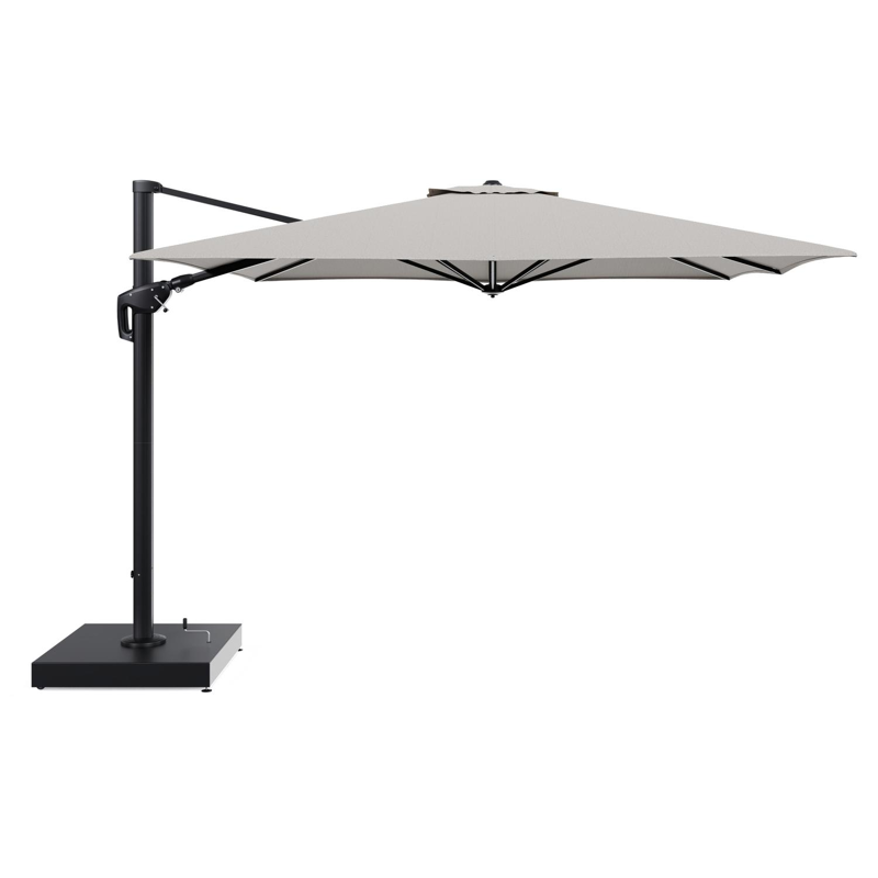 Minore zweefparasol met tiltfunctie in zwart aluminium en Firenze Sand All Weather Solica parasoldoek - L1 350 x L2: 350 cm met parasolvoet Minore 260 kg met wielen
