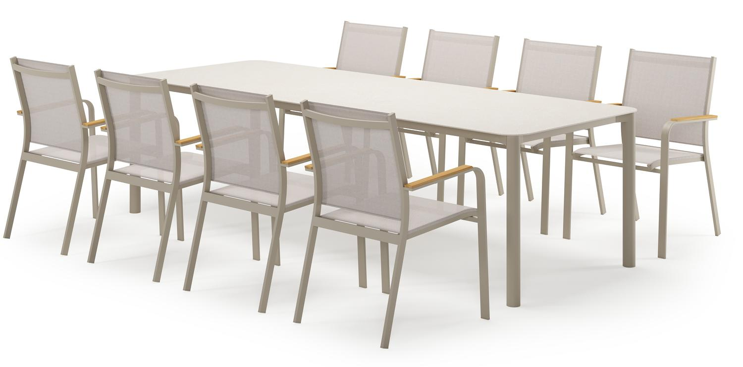 Mira ensemble de jardin rectangulaire arrondi en aluminium beige en sintered stone crema minerale avec 8 chaises de jardin Amalfi