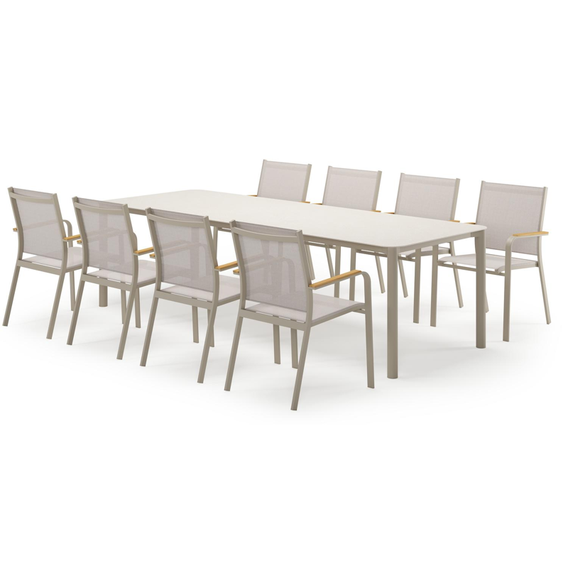 Mira ensemble de jardin rectangulaire arrondi en aluminium beige en sintered stone crema minerale avec 8 chaises de jardin Amalfi