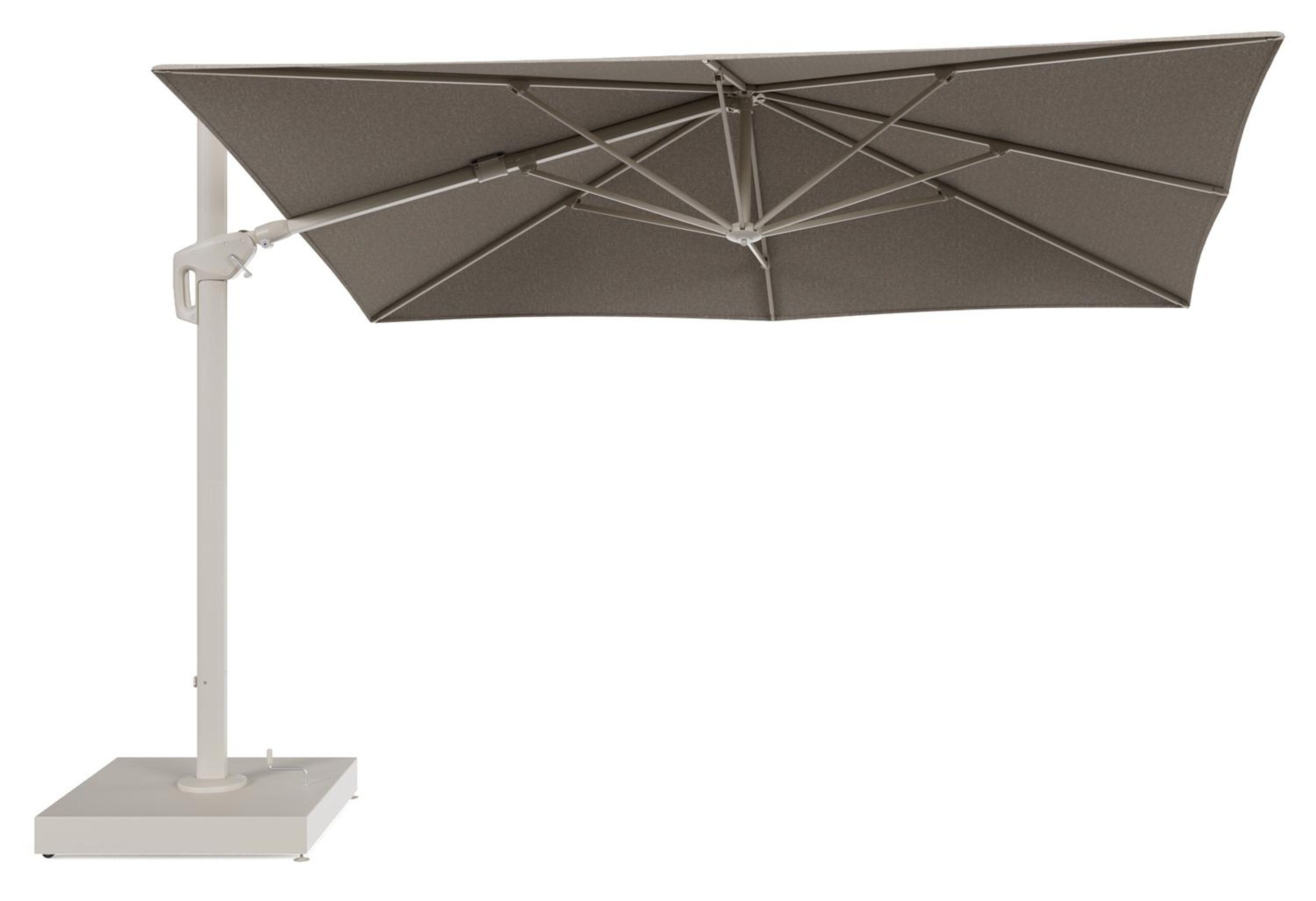 Parasol pendant Minore tilt en aluminium beige et toile All Weather Sunbrella® Luxe Chartres Pewter - Lg.1: 280 x Lg.2: 370 cm avec pied de parasol Minore 260 kg avec roulettes