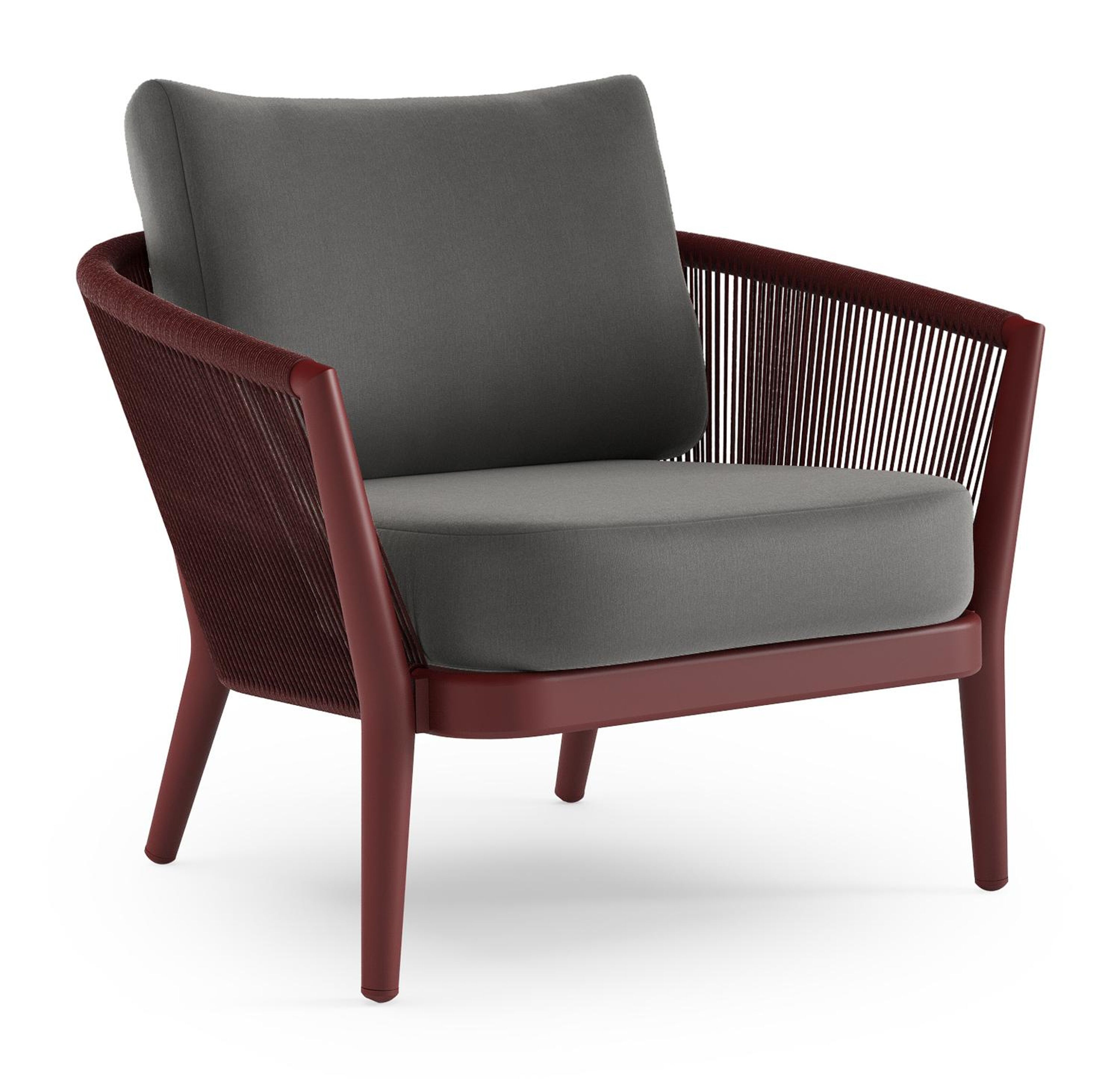 Orso loungestoel 1-zit in ruby aluminium en ruby verticaal geweven ronde rope met natte charcoal chine all weather sunbrella® luxe kussen