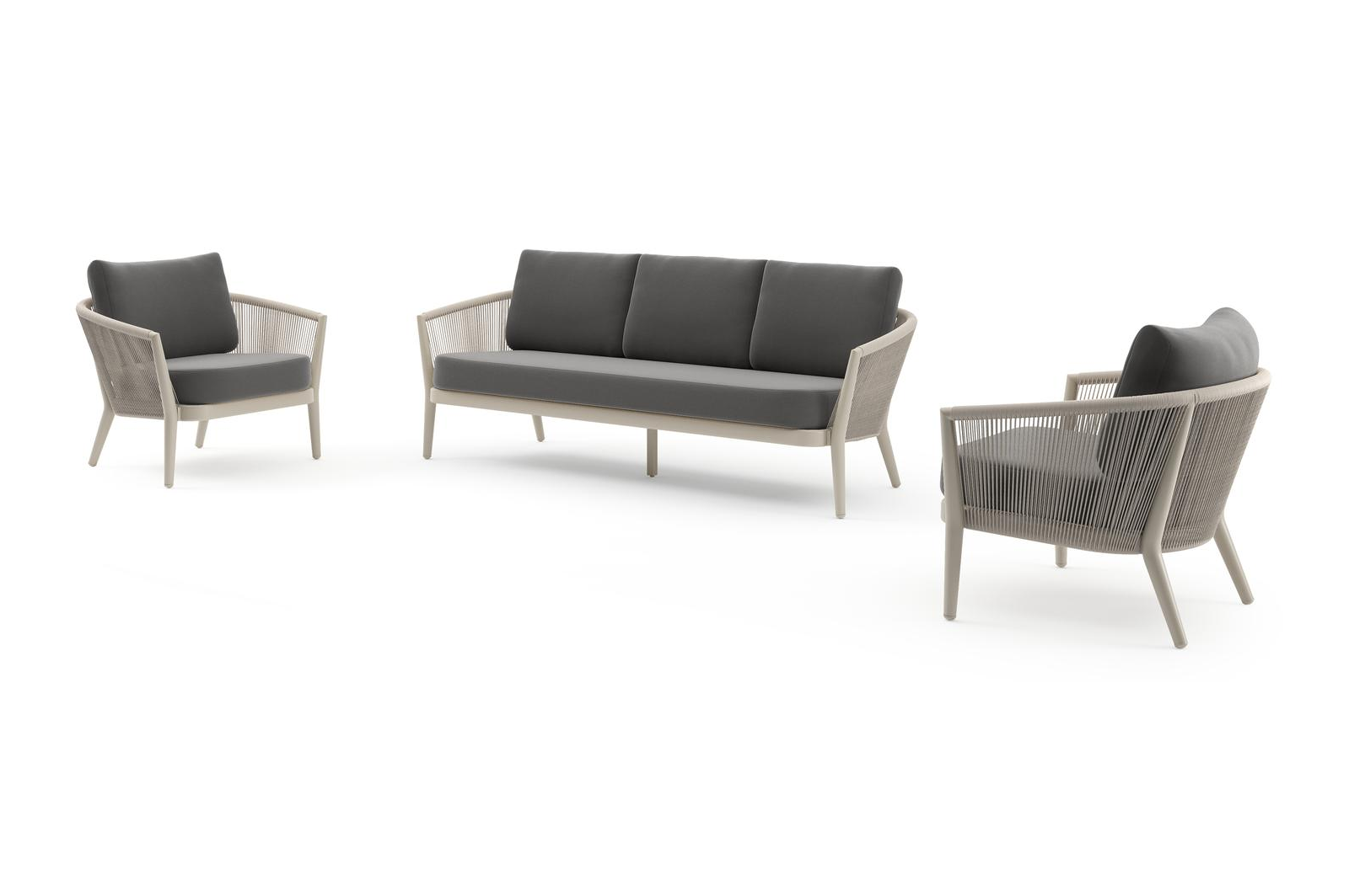 Salon de jardin Orso en aluminium beige en corde ronde tissée verticalement beige et coussins en all weather sunbrella® luxe Natte Charcoal Chine