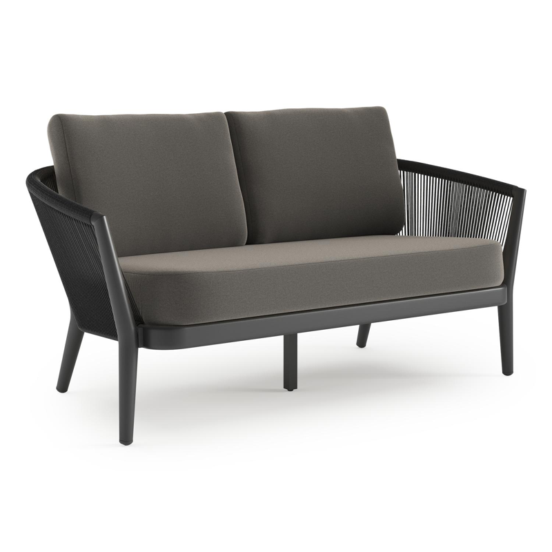 Orso loungebank in zwart aluminium en zwart verticaal geweven ronde rope met Natte Dark Taupe all weather sunbrella® luxe kussen