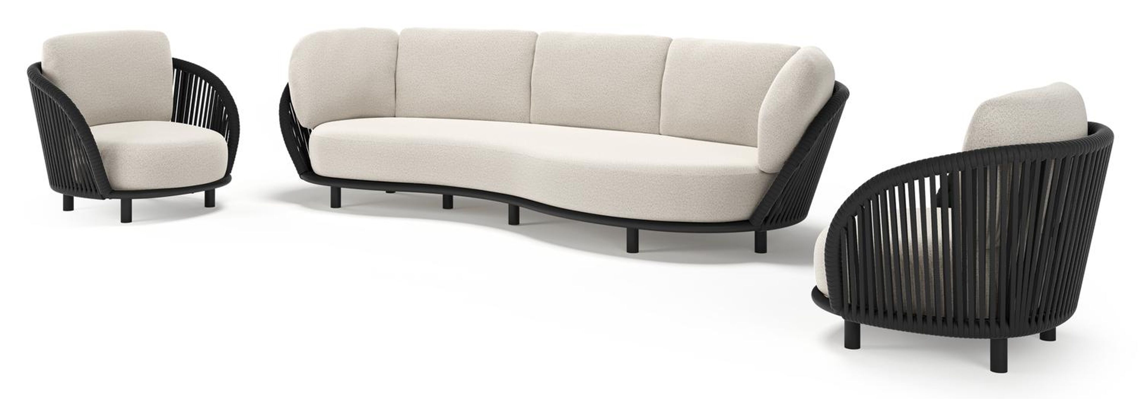 Lupino loungeset in zwart aluminium en zwart verticaal geweven luxe vlakke brede rope met firenze natural all weather solica kussen