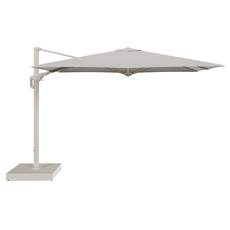 Minore zweefparasol met tiltfunctie in beige aluminium en Firenze Sand All Weather Solica parasoldoek - L1 280 x L2 370 cm met parasolvoet Minore 260 kg met wielen