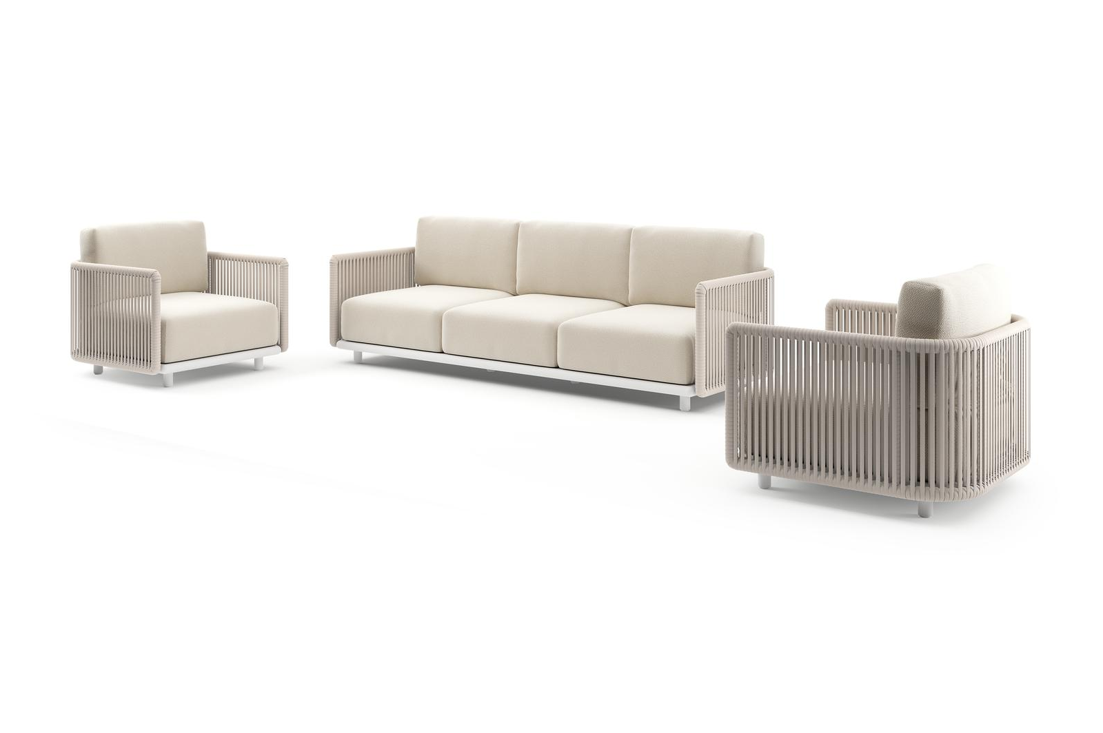 Organo loungeset in wit aluminium en beige verticaal geweven luxe vlakke rope met althea off white All Weather Cosytica kussens