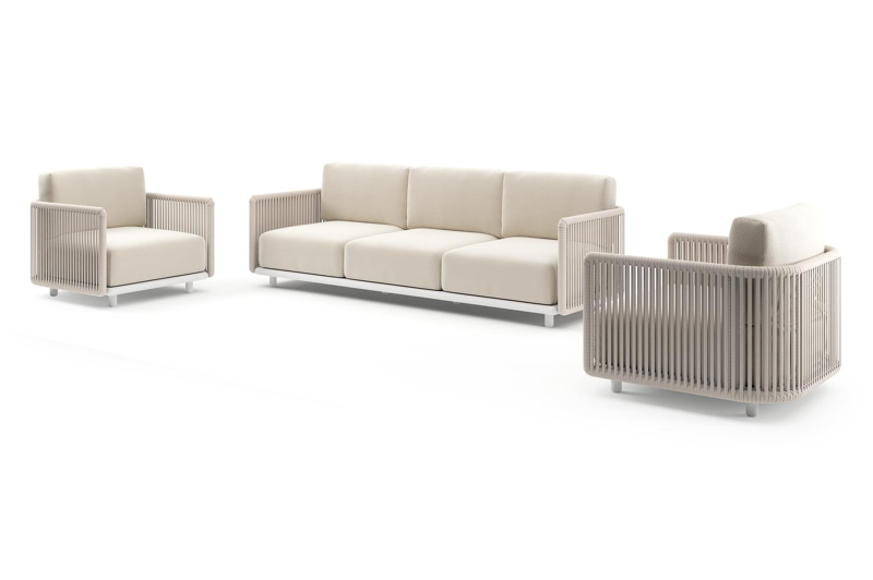 Organo loungeset in wit aluminium en beige verticaal geweven luxe vlakke rope met althea off white All Weather Cosytica kussens